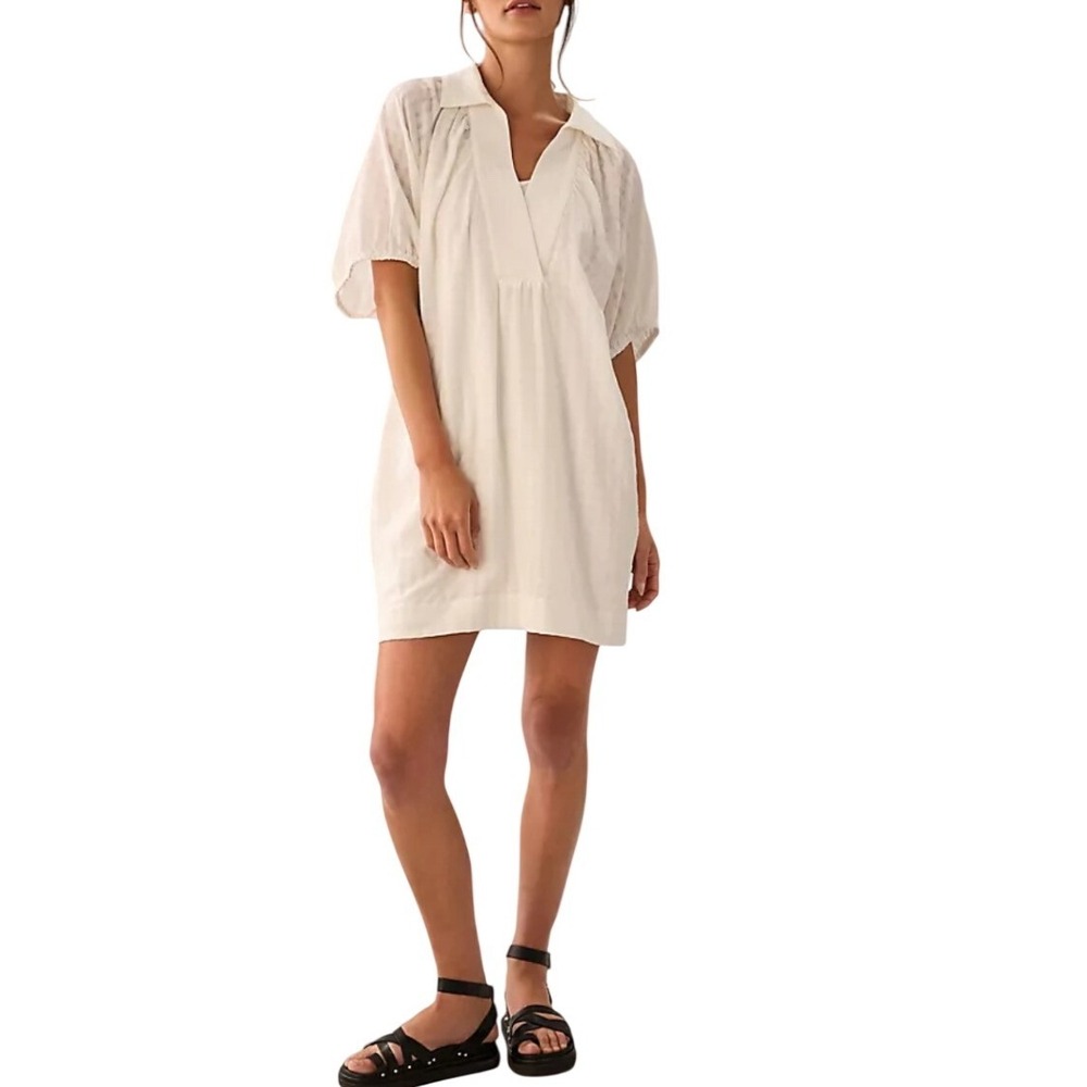 Anthropologie V Neck Tiered‎ Sleeve Tunic Dress Womens S White Textured Mini